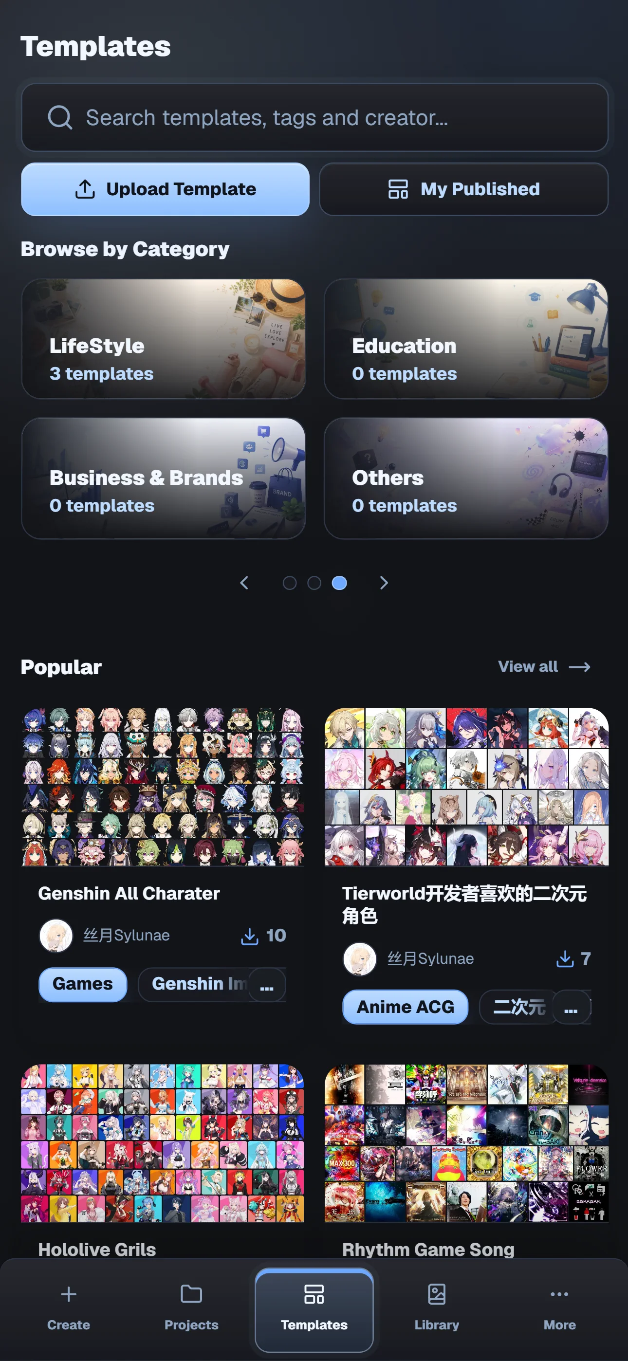 Tierworld Templates page on mobile